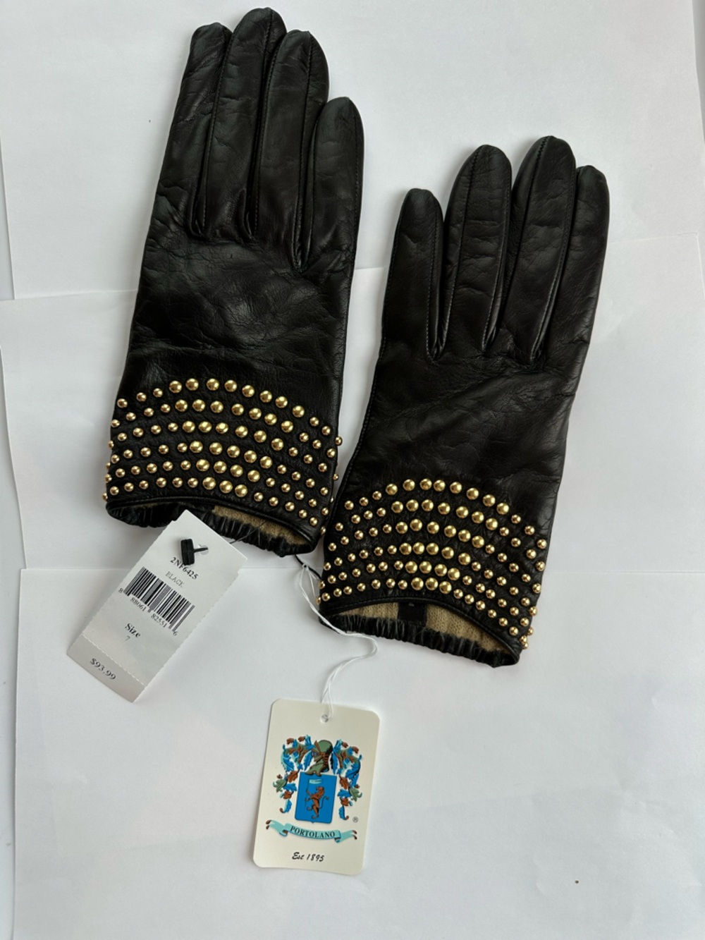 Portolano Black Leather Gloves with Gold Studs New with Tags, Size 7